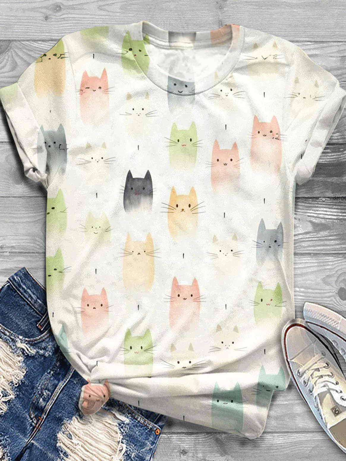 Cute Cat Crew Neck T-shirt