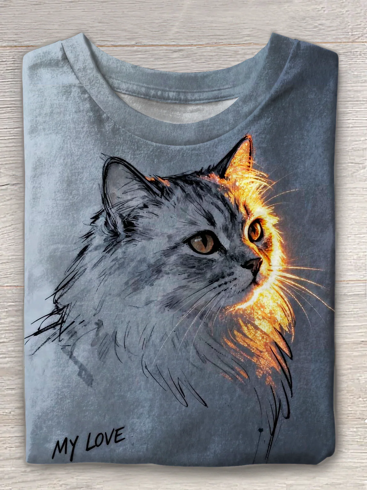 Cute Cat Flashing Gold Sketch Crew Neck T-shirt