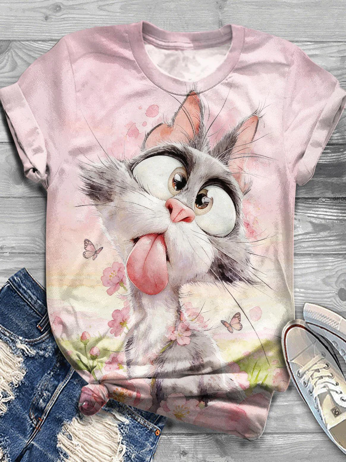 Cute Cat Print Crew Neck T-shirt