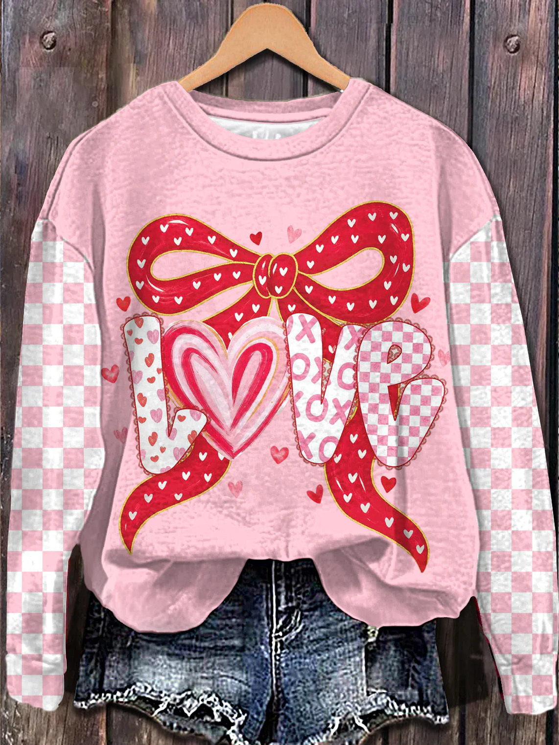 Cute Checkered Bow Printed Long Sleeve Casual Top