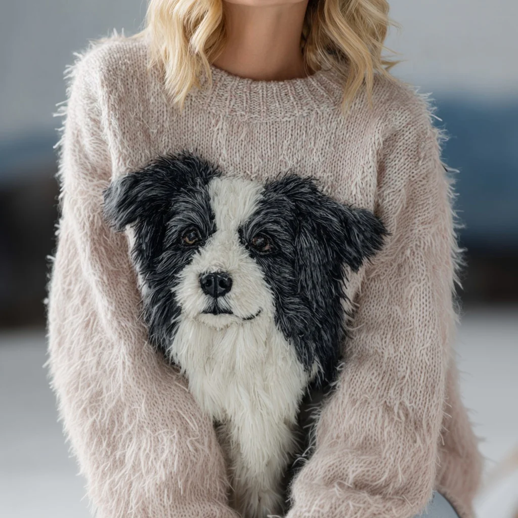 Cute Fuzzy Border Collie Crew Neck Cozy Knit Sweater - Image 2