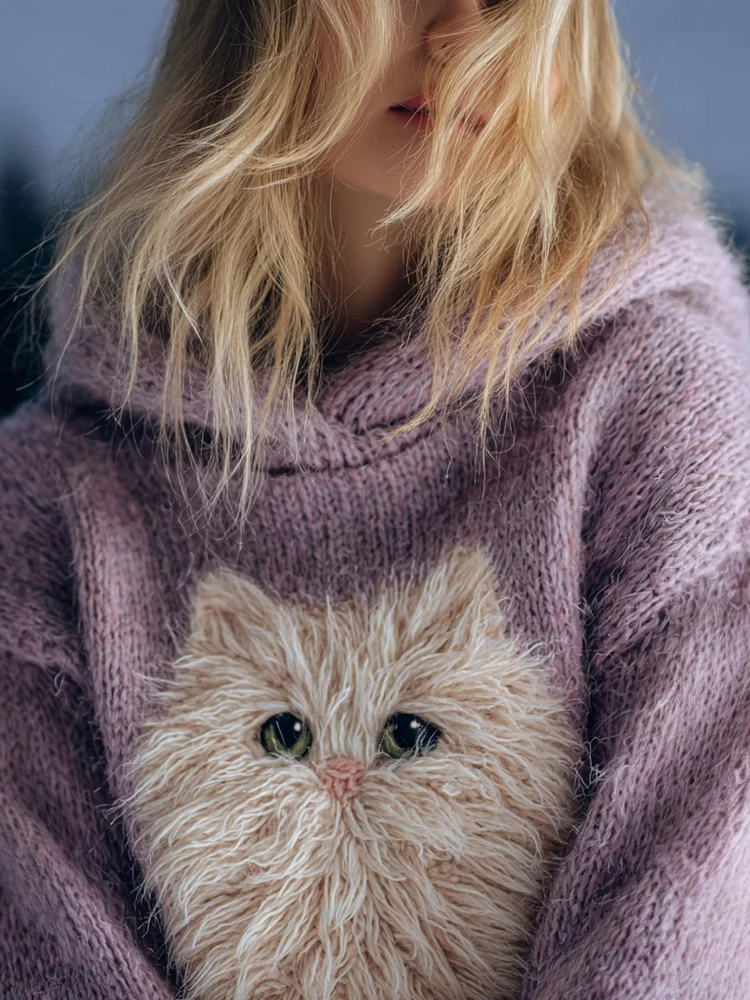 Cute Fuzzy Cat Embroidered Cozy Hooded Sweater