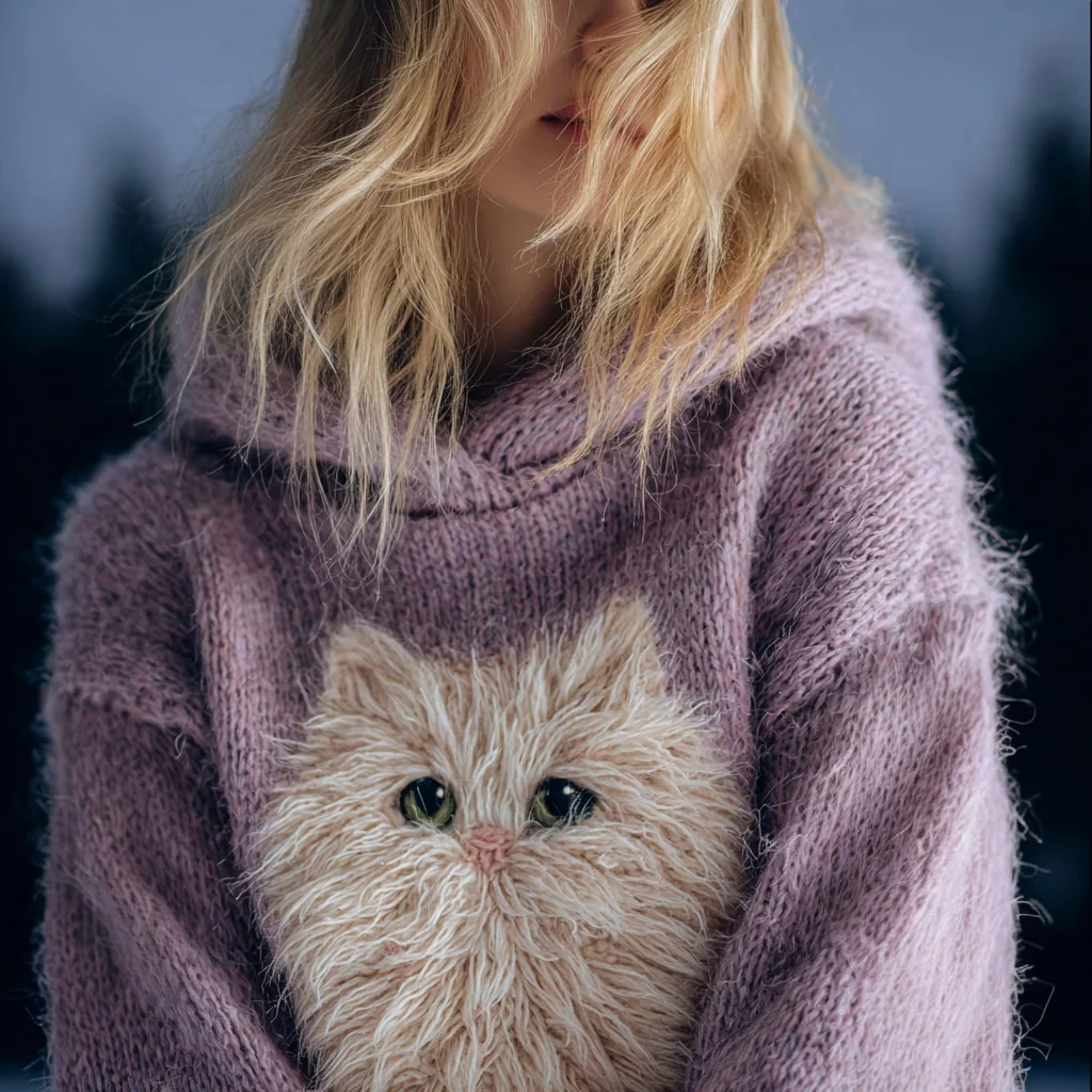 Cute Fuzzy Cat Embroidered Cozy Hooded Sweater - Image 2