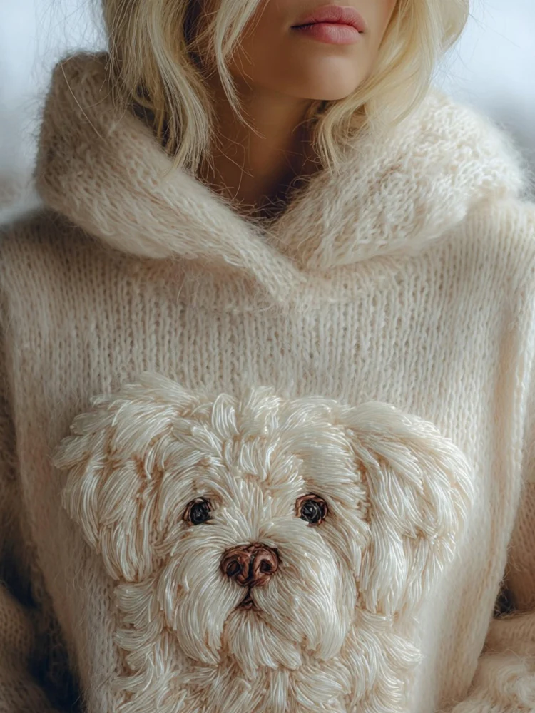 Cute Fuzzy Dog Embroidered Cozy Hooded Sweater
