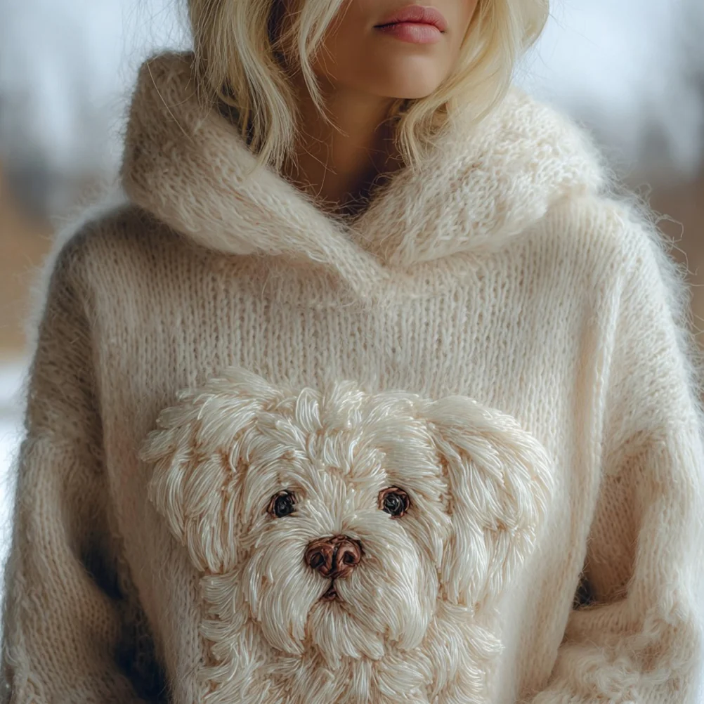 Cute Fuzzy Dog Embroidered Cozy Hooded Sweater - Image 2
