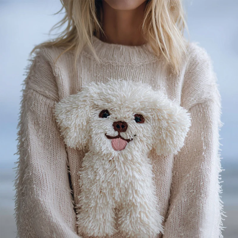 Cute Fuzzy Dog Embroidered Cozy Knit Sweater - Image 2