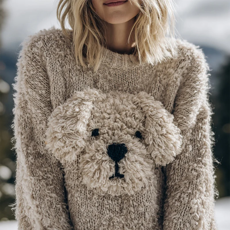 Cute Fuzzy Dog Embroidered Soft Cozy Sweater - Image 2