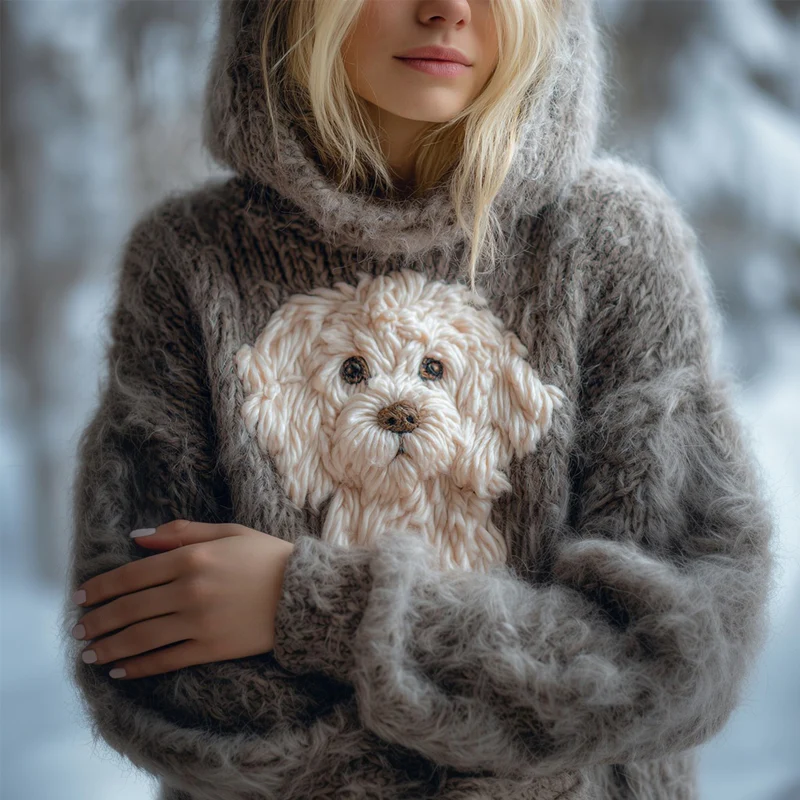 Cute Fuzzy Dog Embroidered Soft Hooded Sweater - Image 2