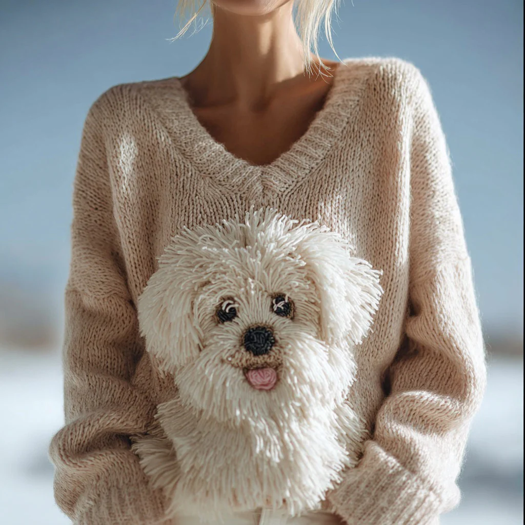 Cute Fuzzy Dog Embroidered V Neck Cozy Sweater - Image 2