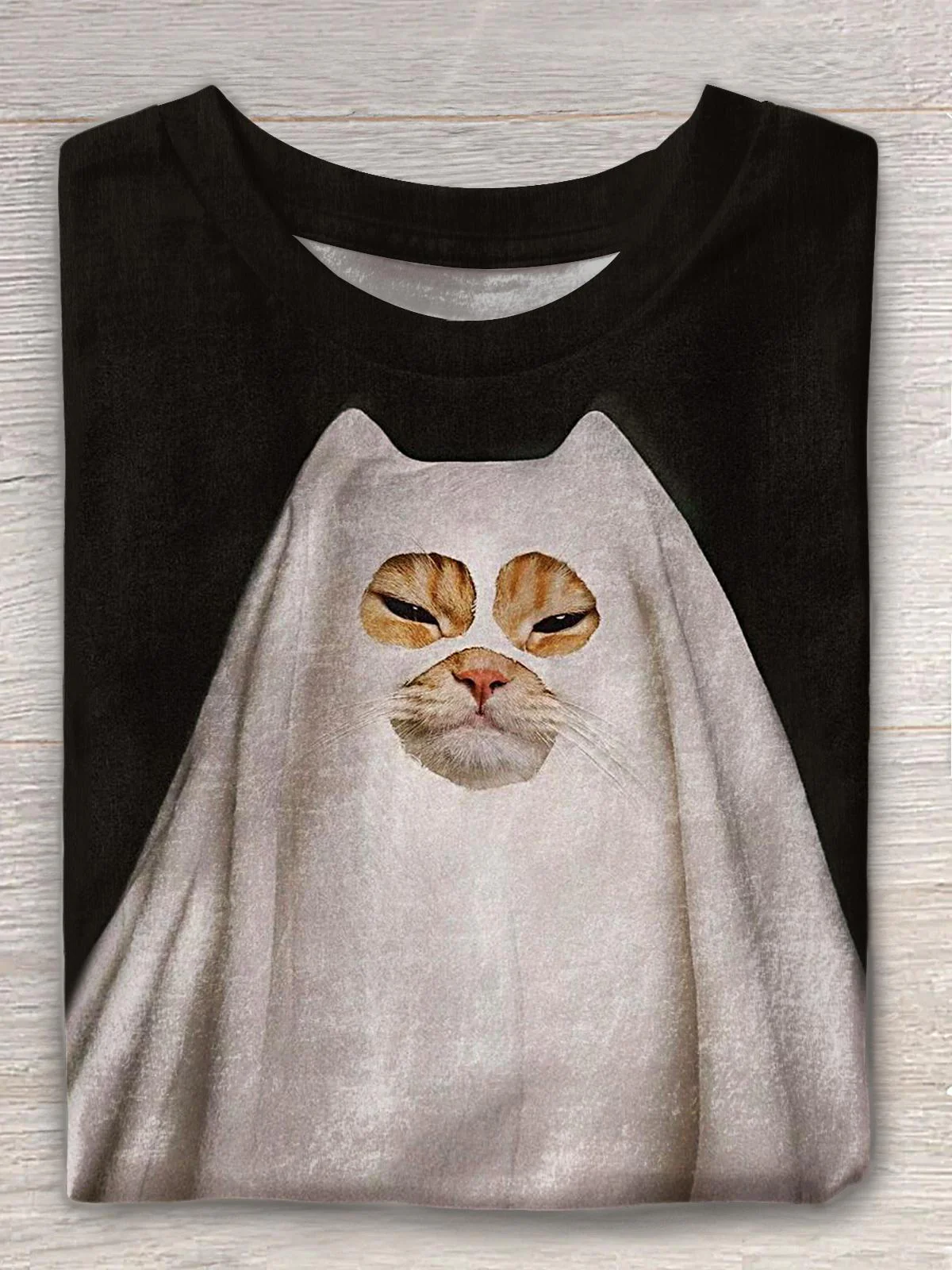 Cute Ghost Cat Print Crew Neck T-shirt - Image 2