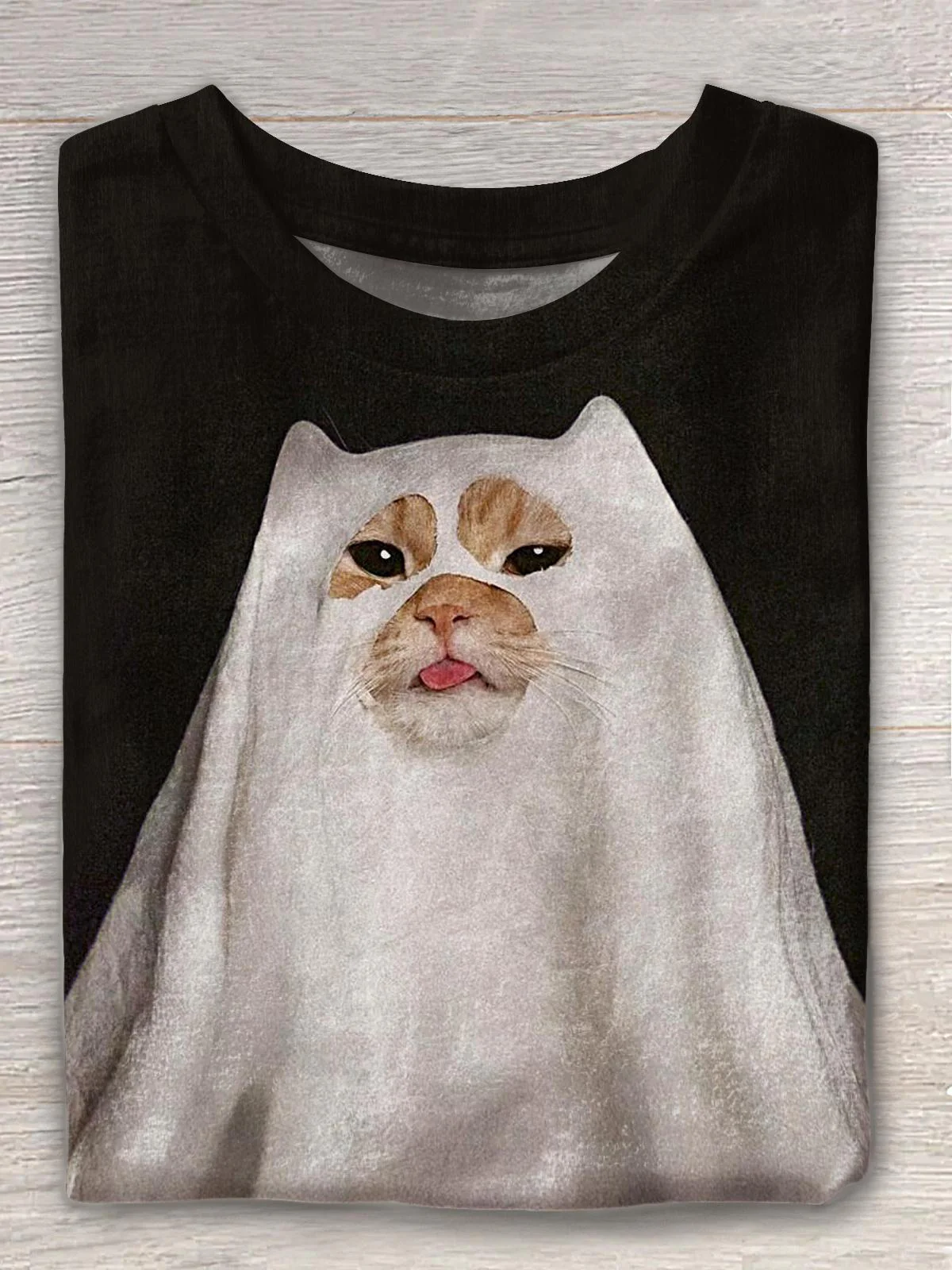 Cute Ghost Cat Print Crew Neck T-shirt - Image 3