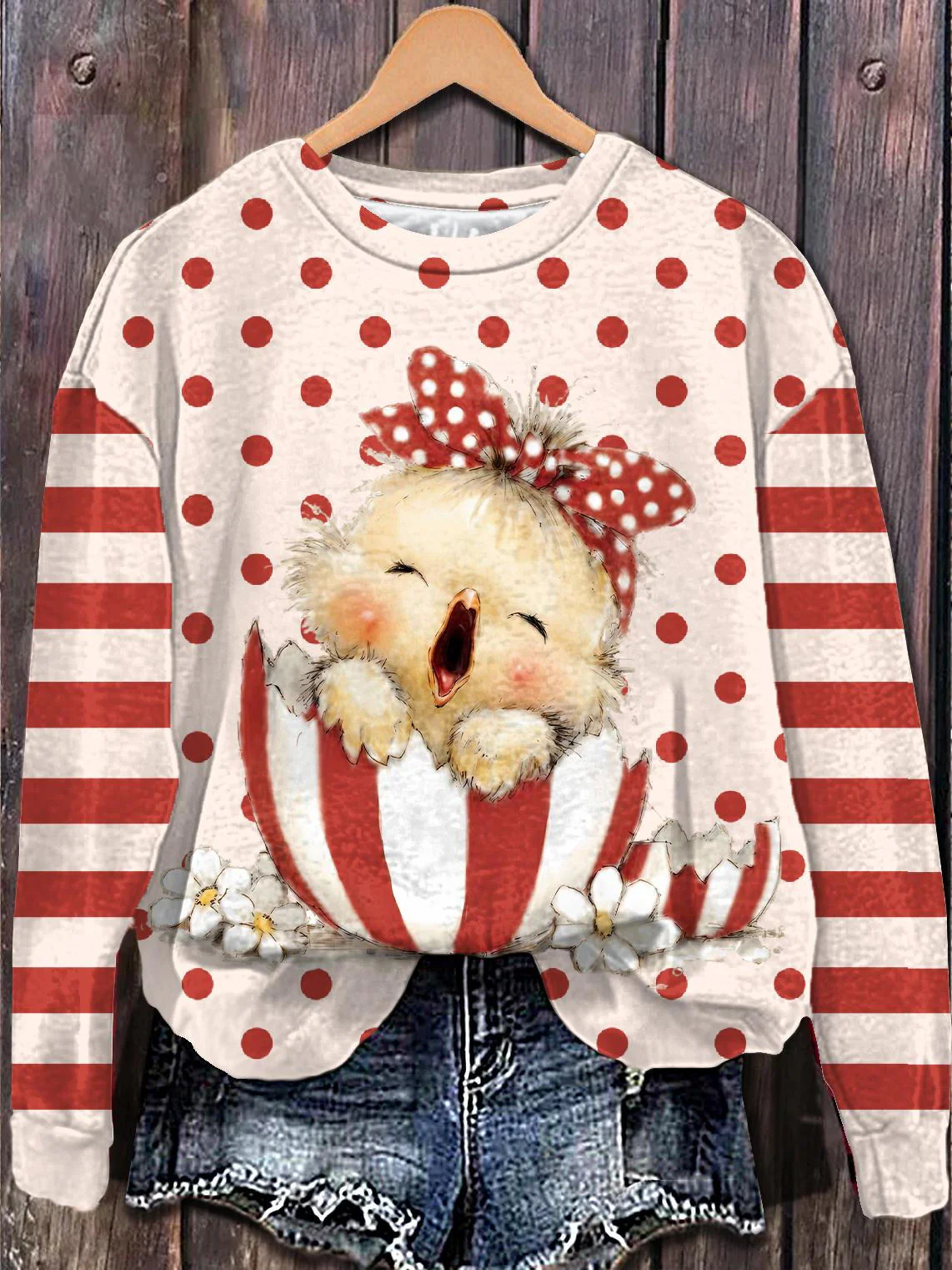 Cute Hatching Chick Printed Long Sleeve Casual Top