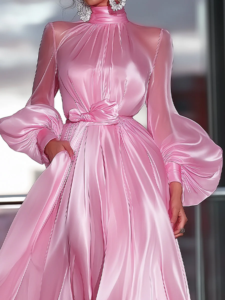 Cute High-Neck Satin Maxi Dress - Image 2