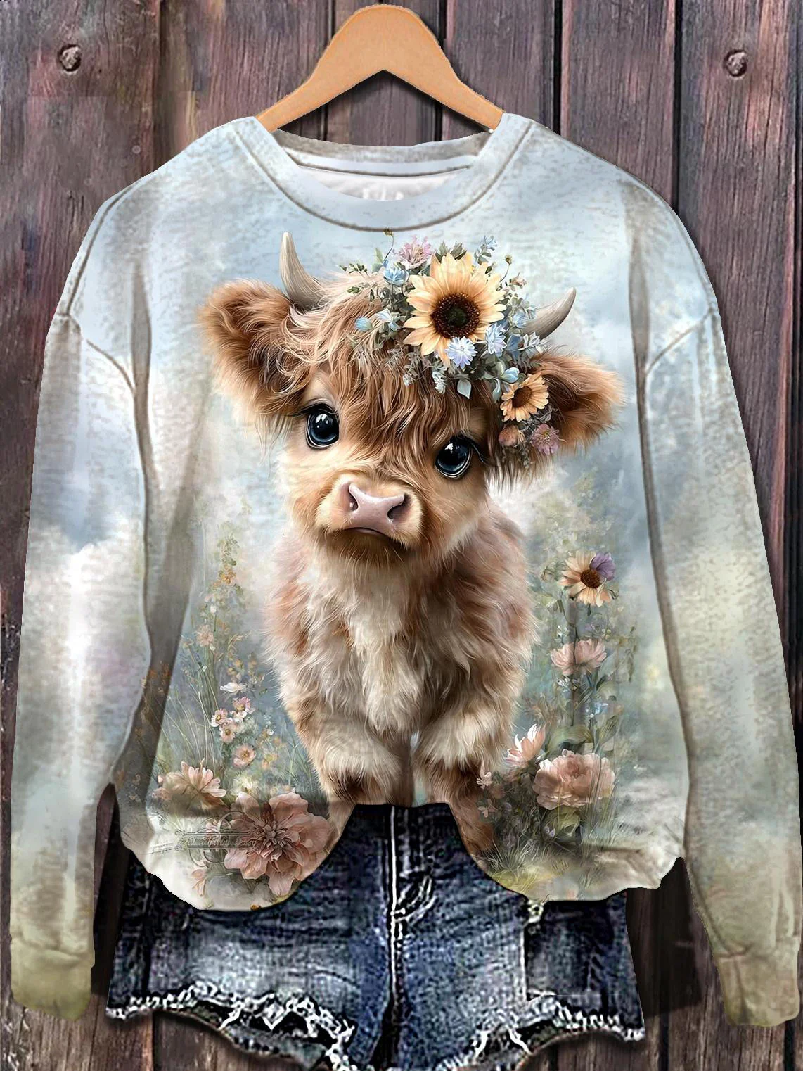 Cute Highland Cow Printed Long Sleeve Casual Top