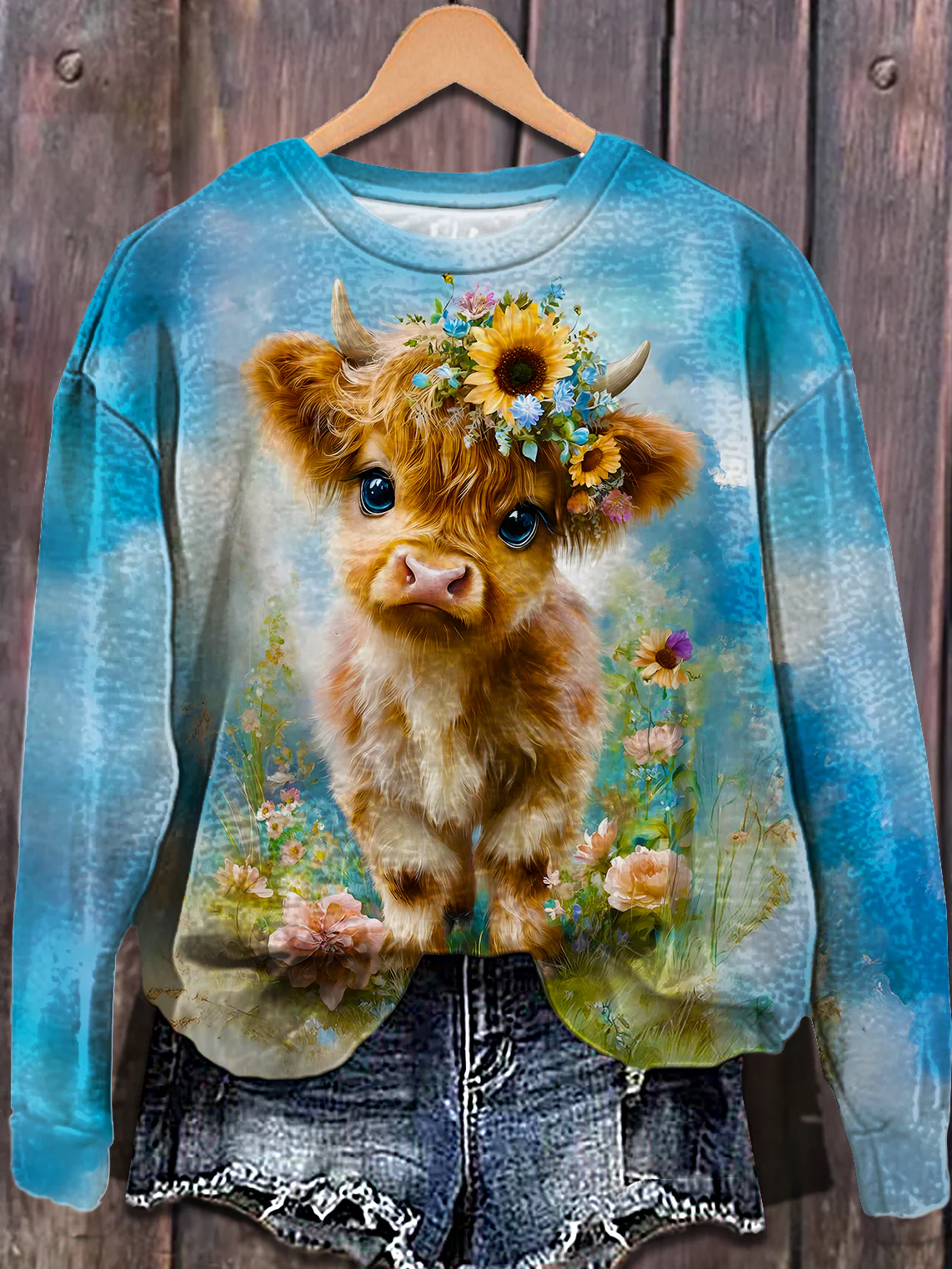 Cute Highland Cow Sunflower Printed Long Sleeve Casual Top