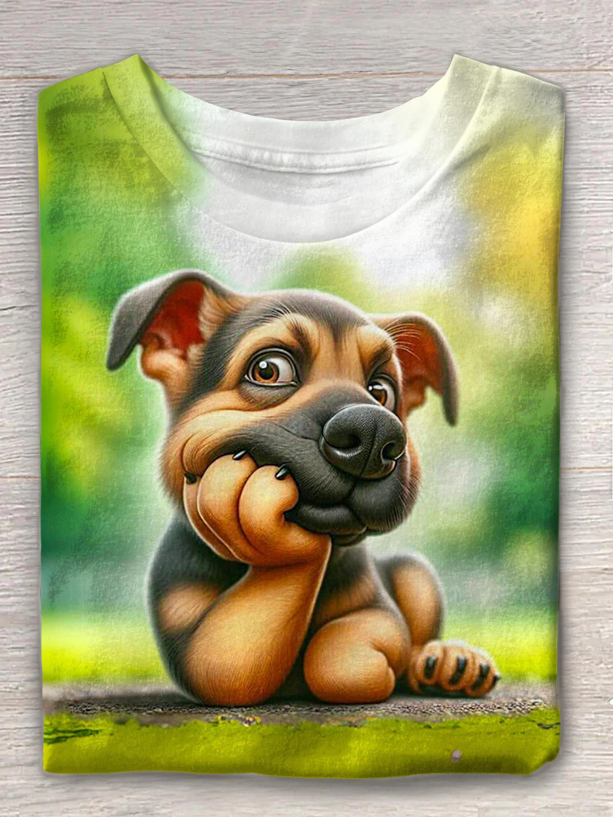 Cute Lawn Puppy Print Crew Neck T-shirt - Image 2