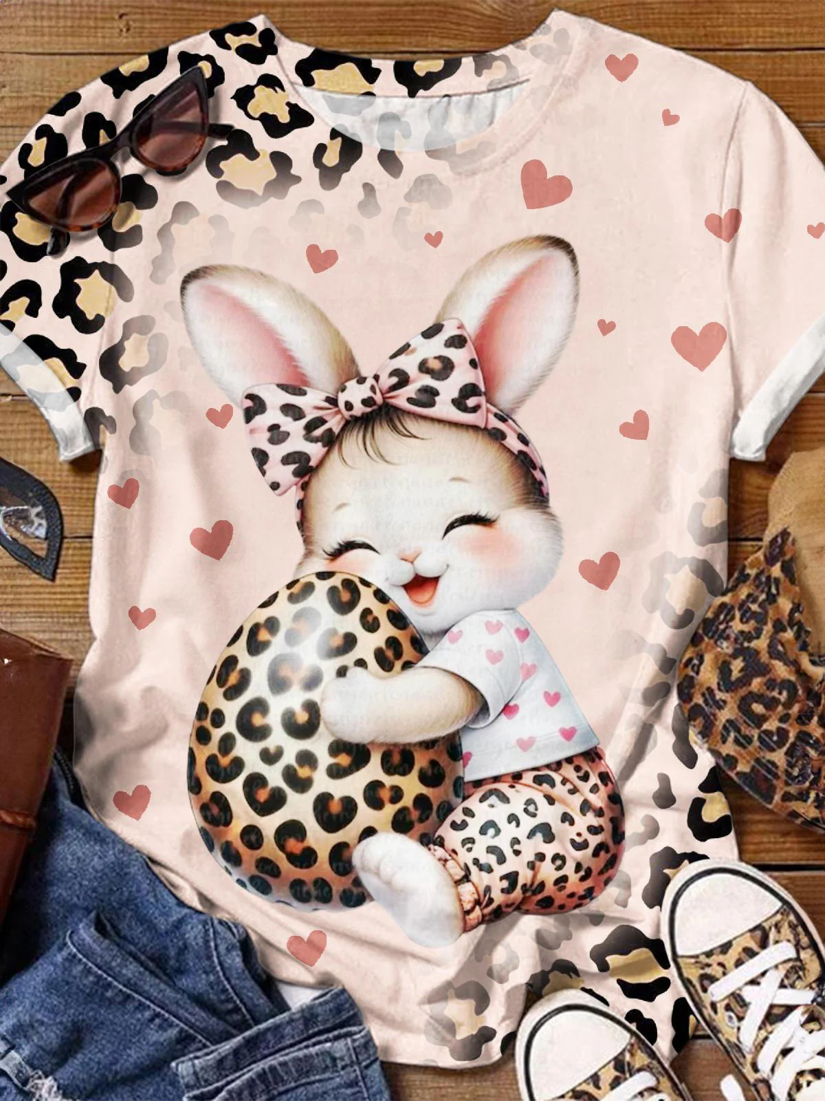 Cute Leopard Rabbit Crew Neck T-shirt