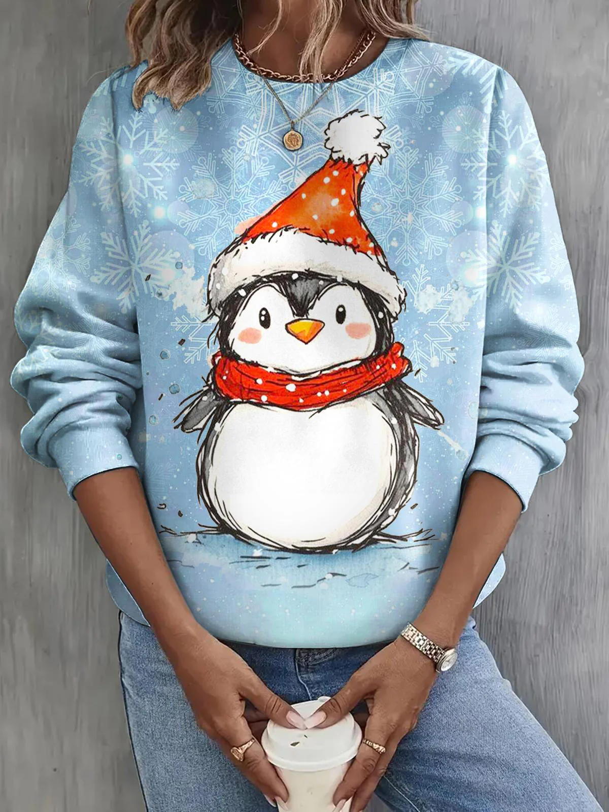 Cute Penguin Print Long Sleeve Casual Top