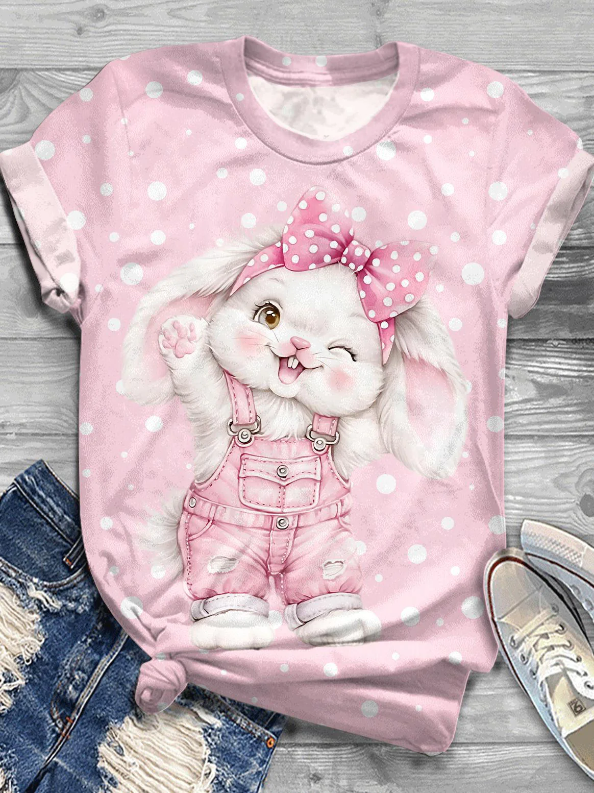Cute Polka Dot Rabbit Crew Neck T-shirt