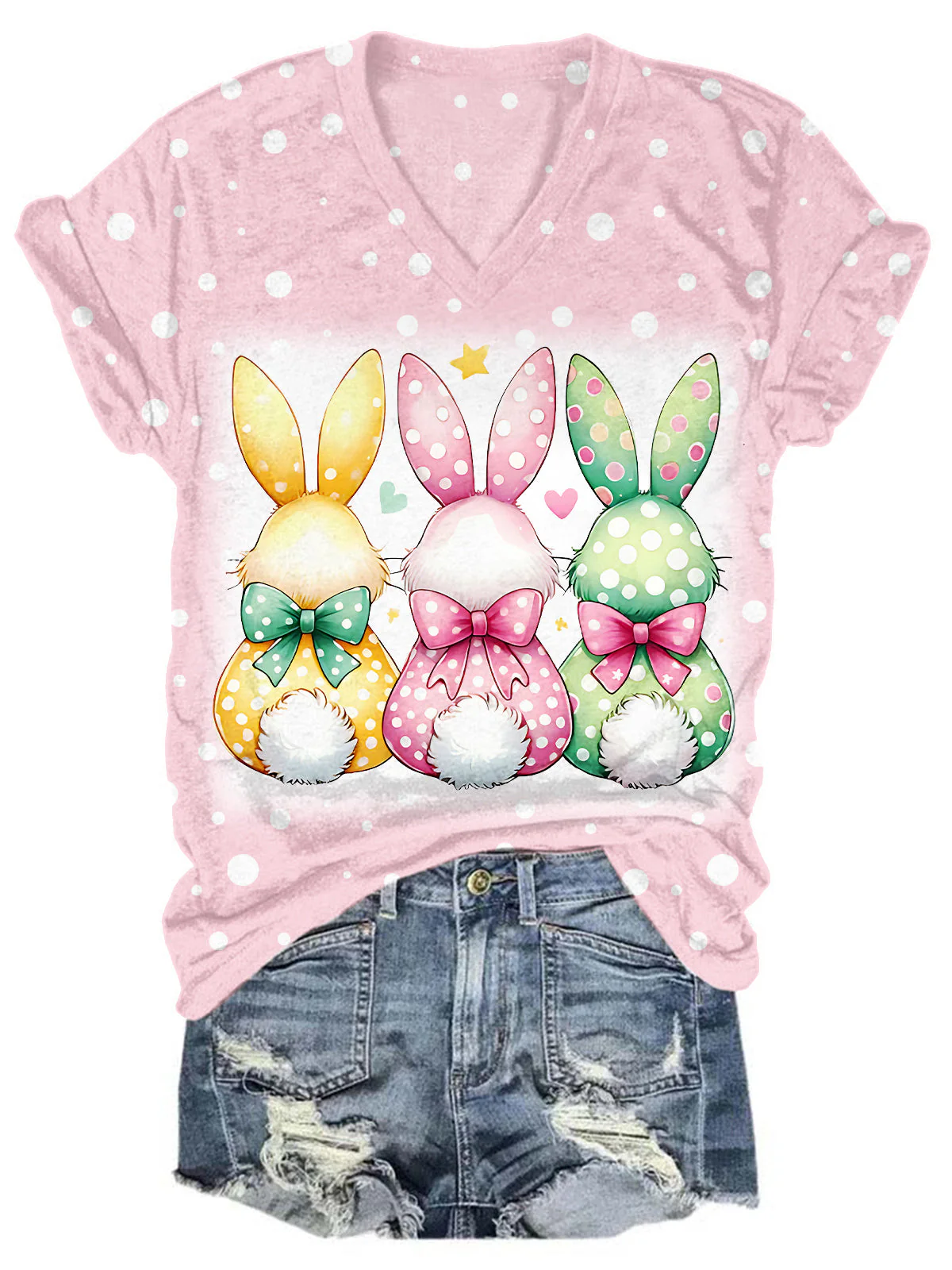 Cute Polka Dot Tricolor Rabbit V-neck T-Shirt