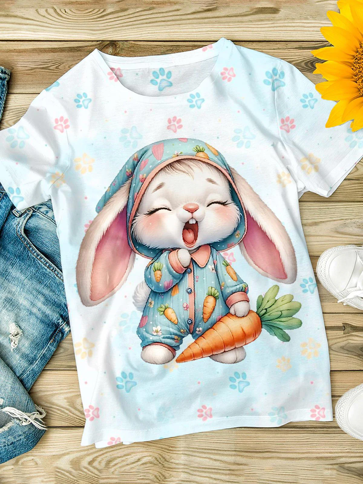 Cute Rabbit Appears Crew Neck T-shirt
