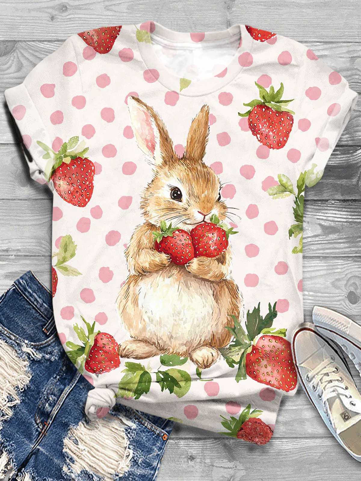 Cute Rabbit With Strawberry Plant Crew Neck T-shirt