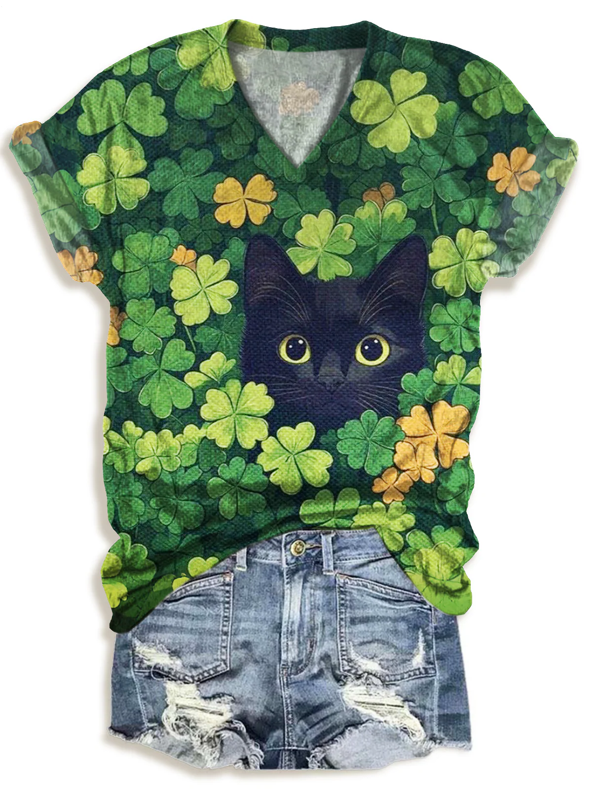 Cute St Patricks Day Black Cat V-neck T-Shirt