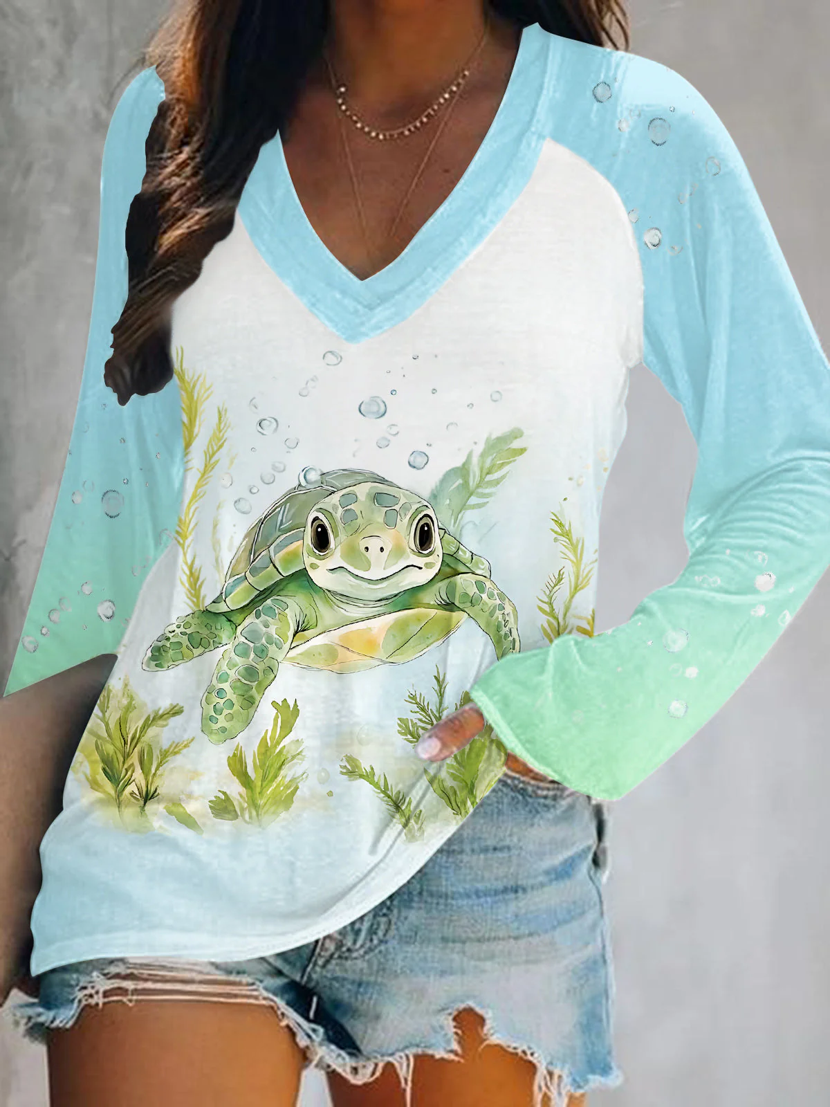 Cute Turtle Cartoon Print V-Neck Long Sleeve Top