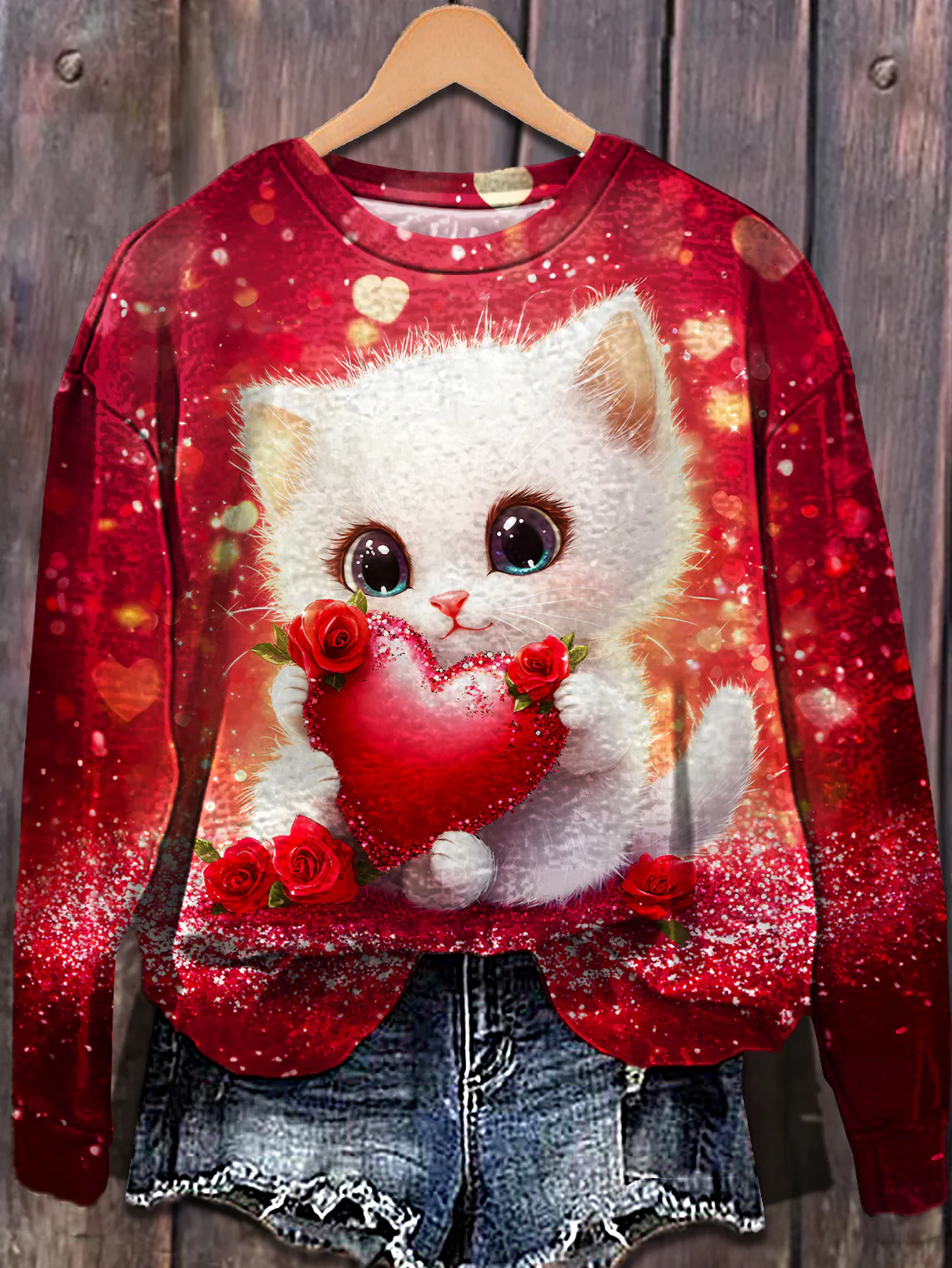 Cute Valentine Kitty With Heart Valentine's DayPrinted Long Sleeve Casual Top