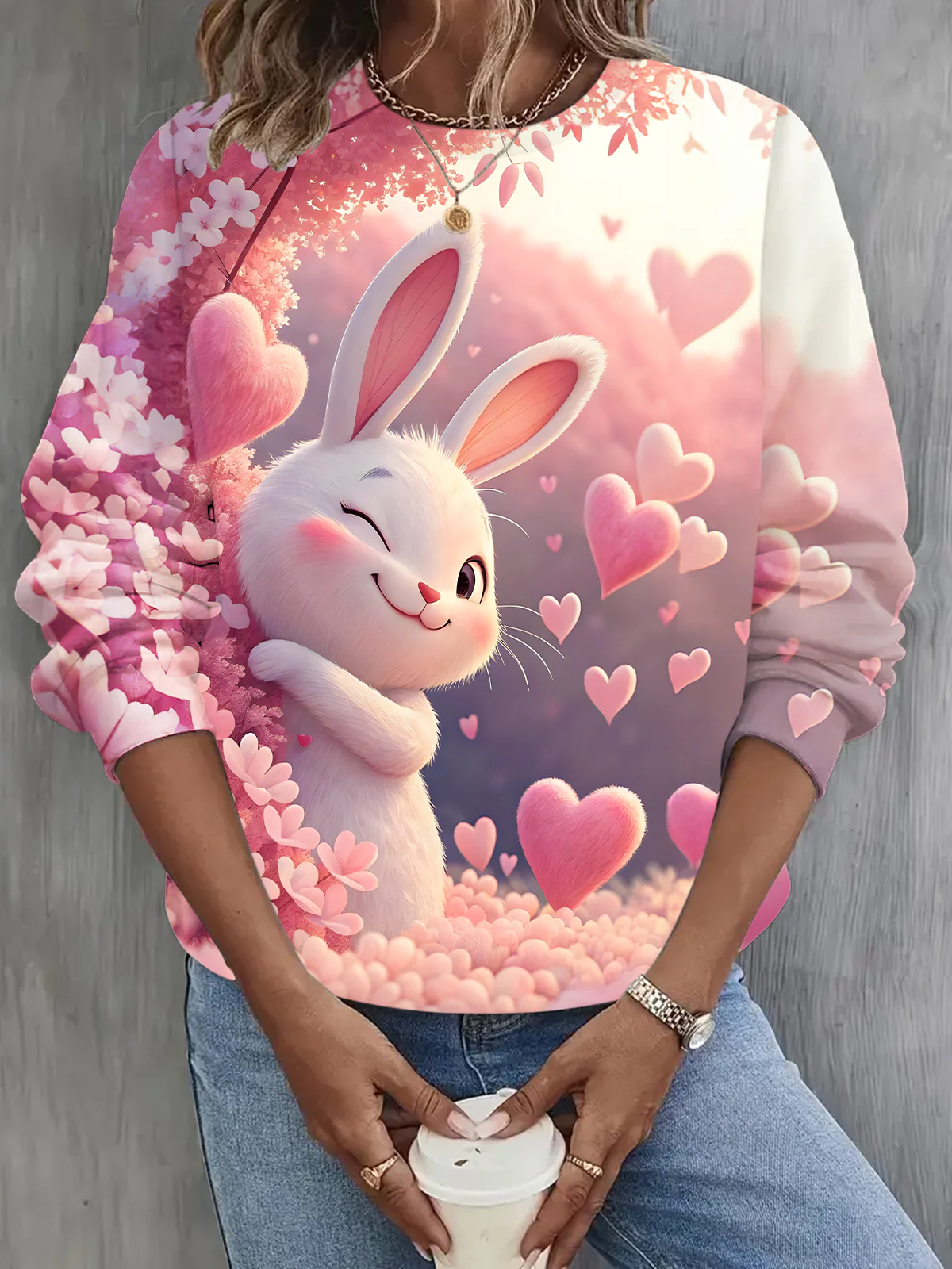 Cute Valentine's Day Cartoon Rabbit Long Sleeve Casual Top