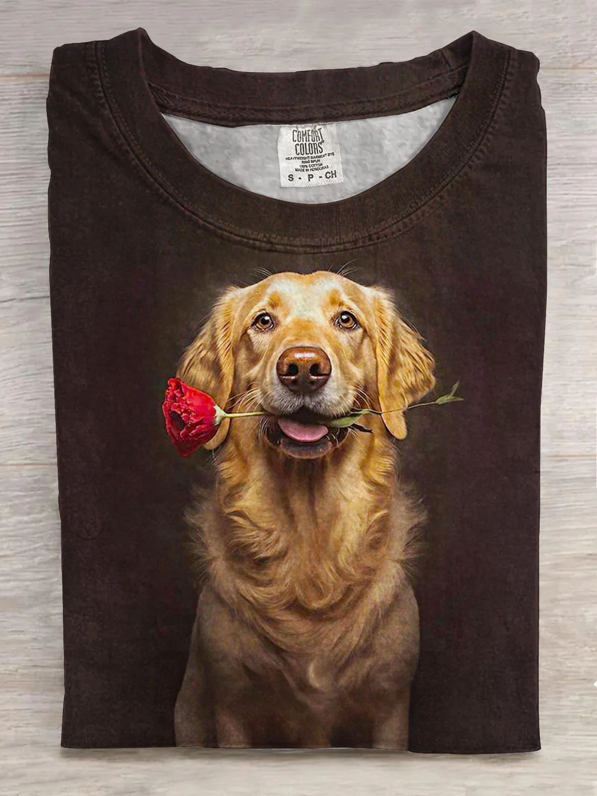 Cute Valentine's Day Rose Puppy Print Crew Neck T-shirt