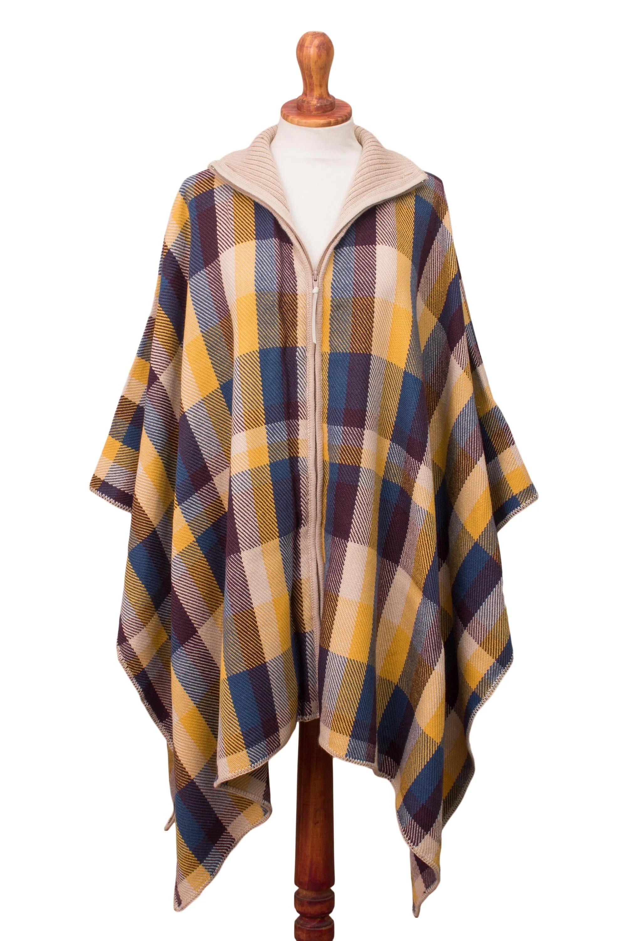 Cuzco Morning Check Pattern Alpaca Blend Poncho Sweater from Peru - Image 2