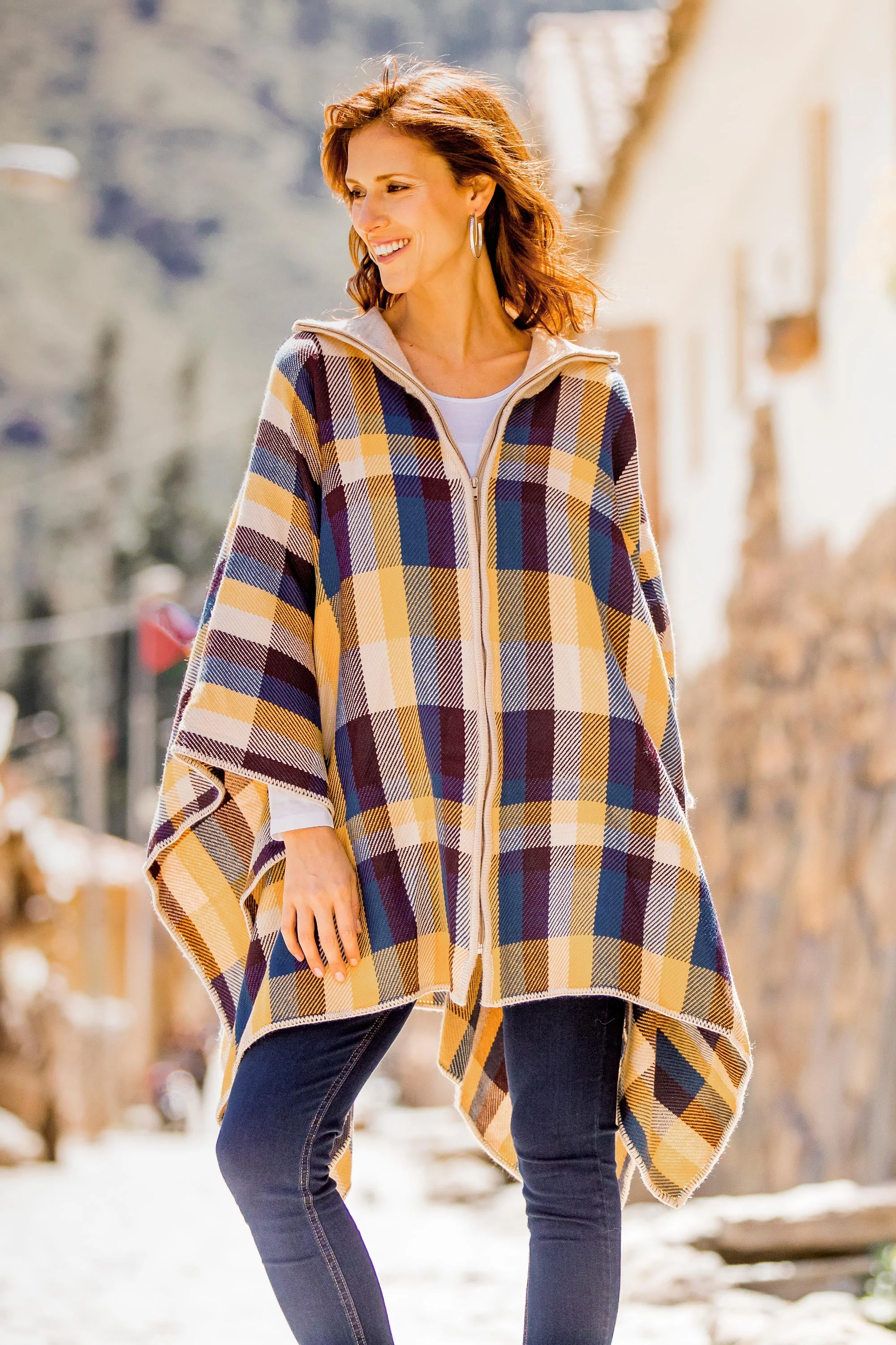 Cuzco Morning Check Pattern Alpaca Blend Poncho Sweater from Peru - Image 3