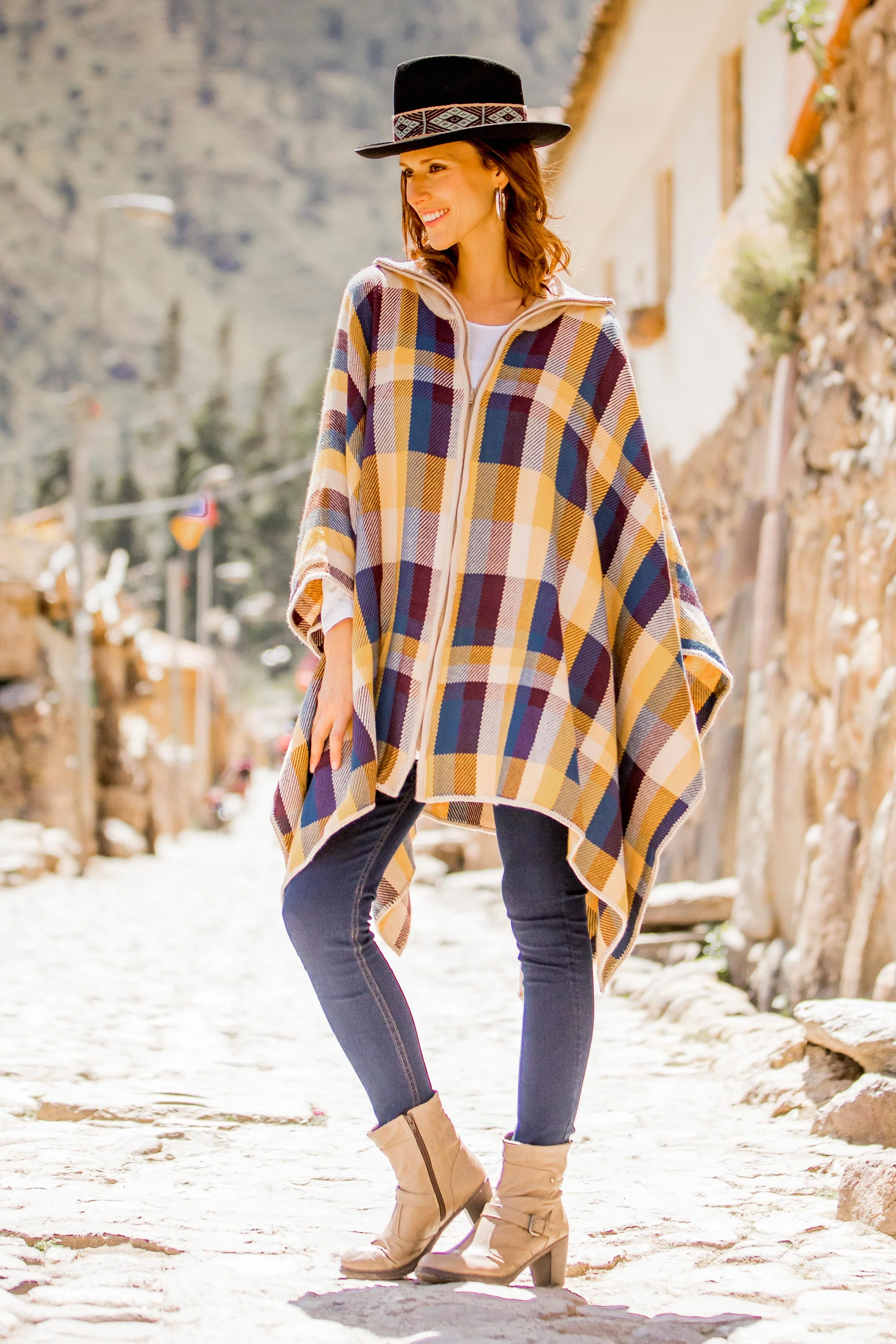 Cuzco Morning Check Pattern Alpaca Blend Poncho Sweater from Peru - Image 4