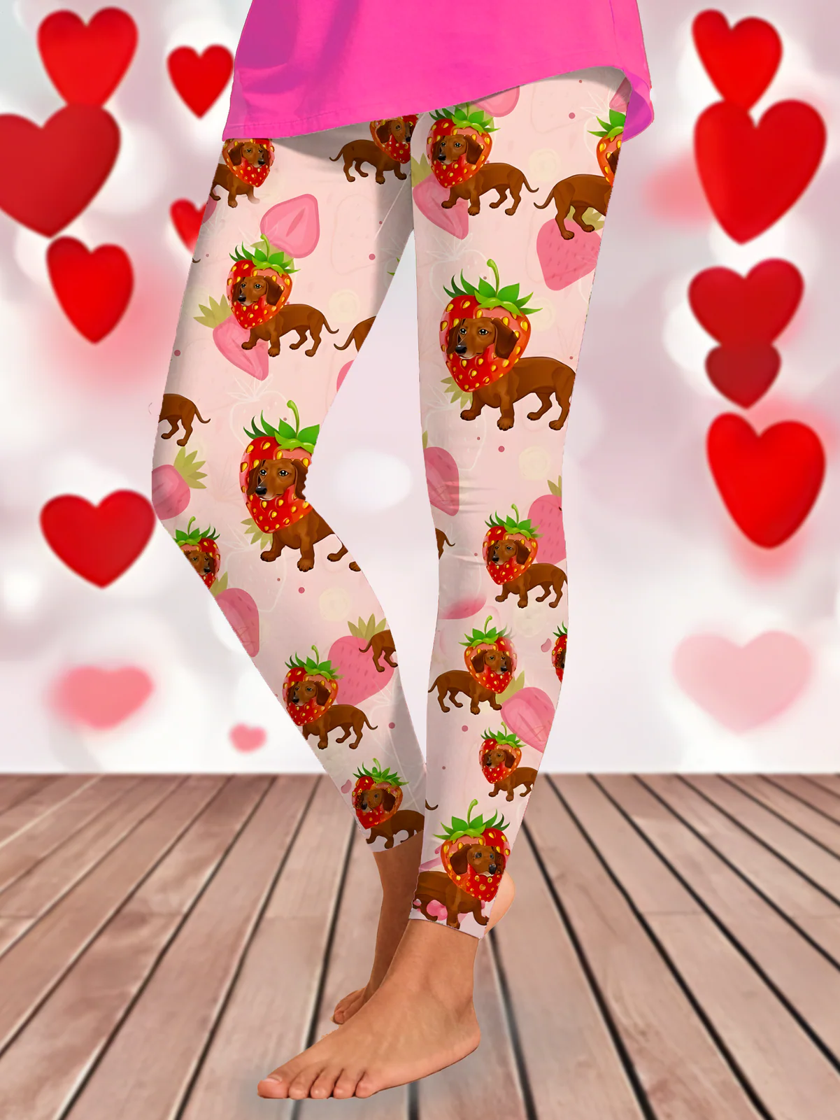 Dachshund Strawberry Valentine's Day Print Leggings