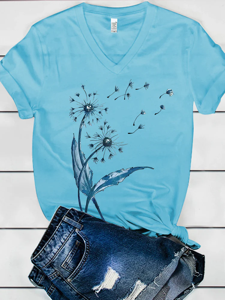 Dandelion Print Women's V-neck T-shirt - Image 3