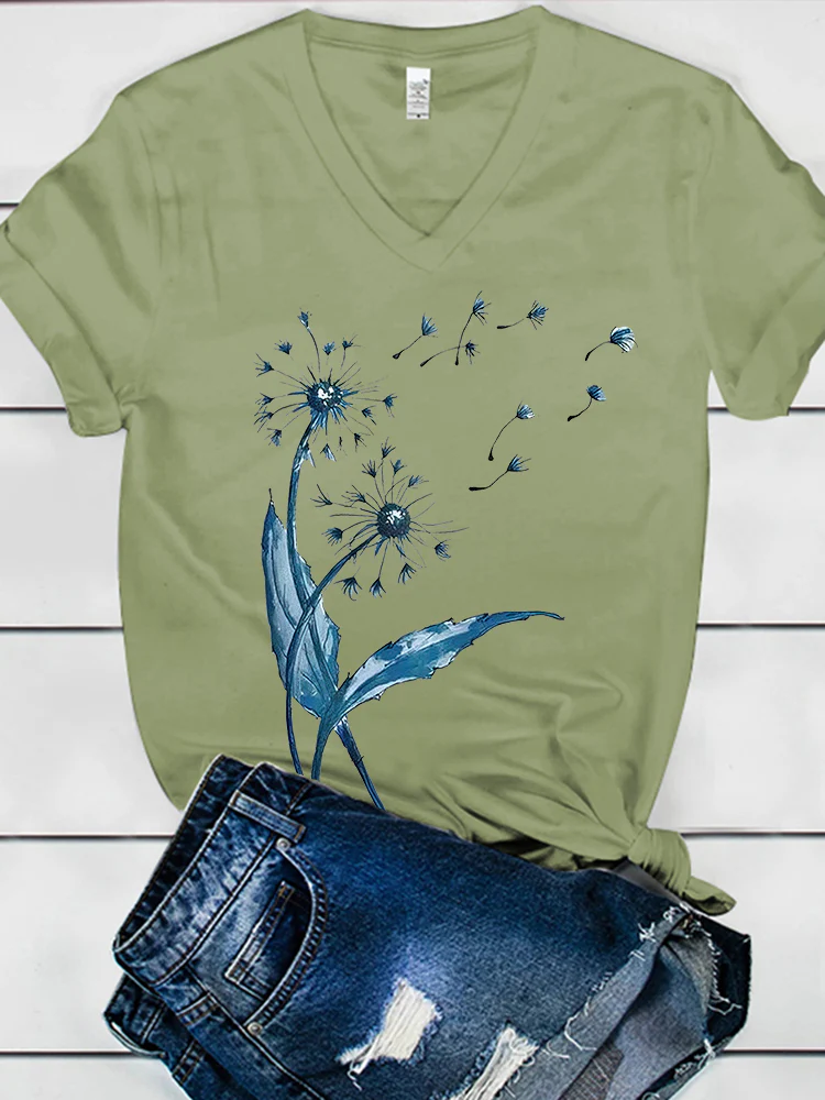 Dandelion Print Women's V-neck T-shirt - Image 5
