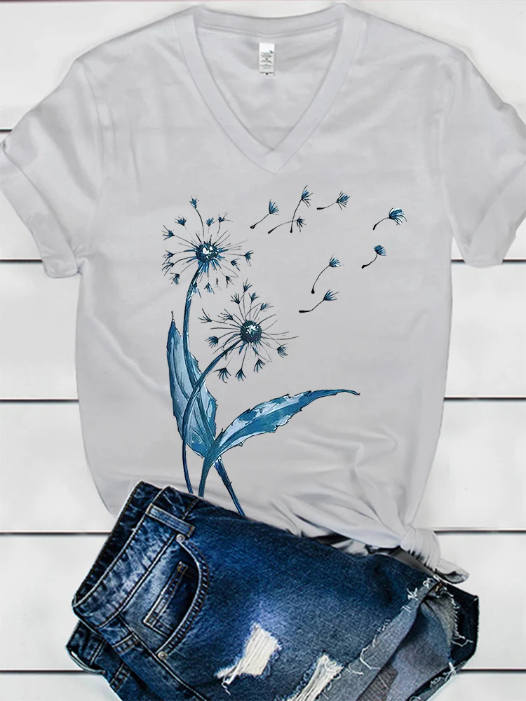 Dandelion Print Women's V-neck T-shirt - Image 6