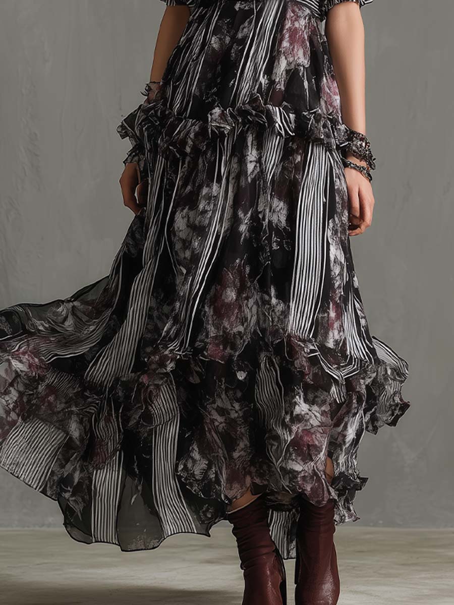 Dark Floral Pinstripe Ruffle Maxi Dress - Image 3