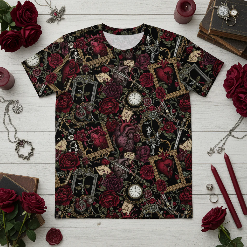 Dark Romantic Gothic Print T-Shirt - Victorian Heart & Roses Tee
