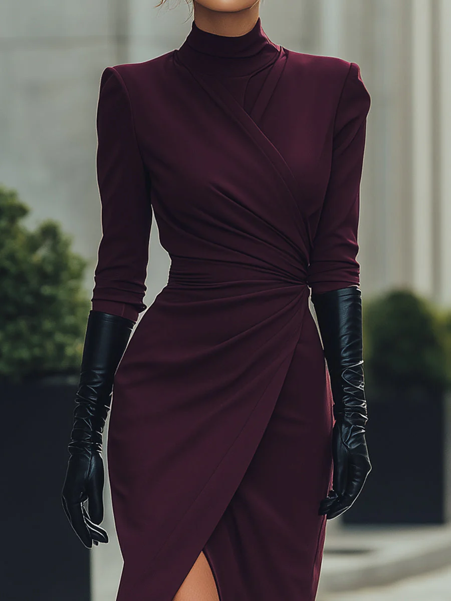Deep Burgundy Draped Wrap Midi Dress - Image 3