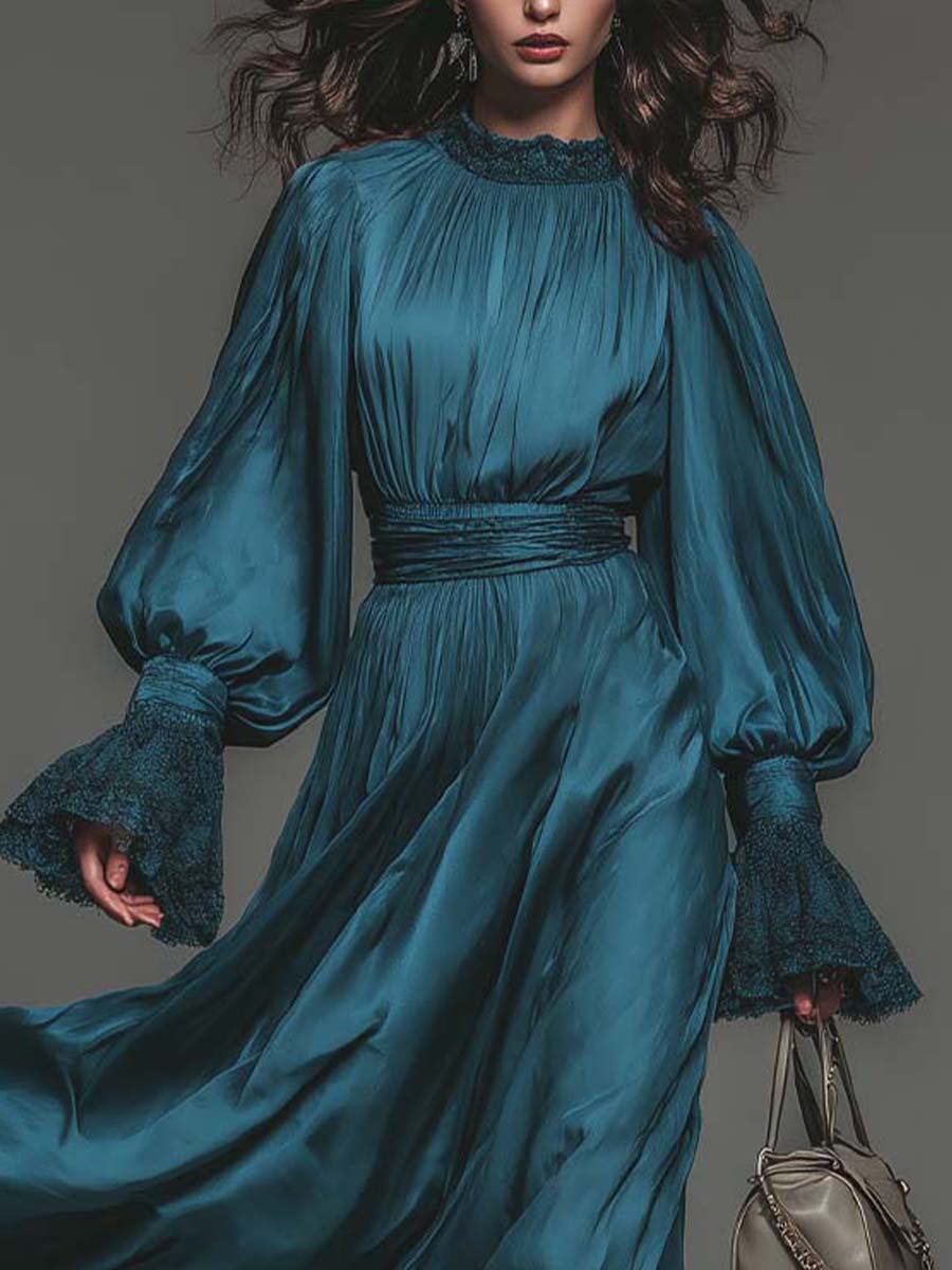 Deep Teal Satin Pleated Maxi Dress - Image 2