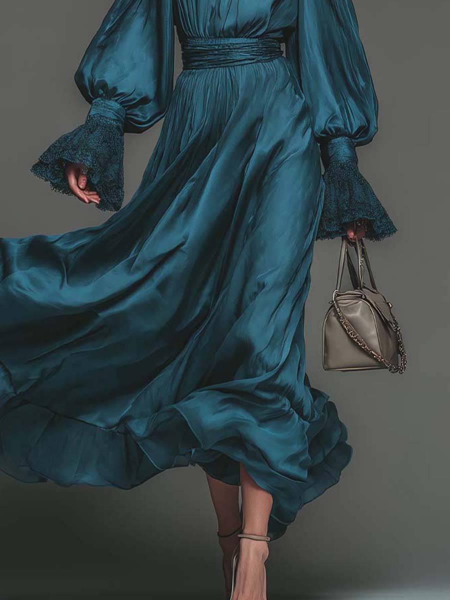 Deep Teal Satin Pleated Maxi Dress - Image 3