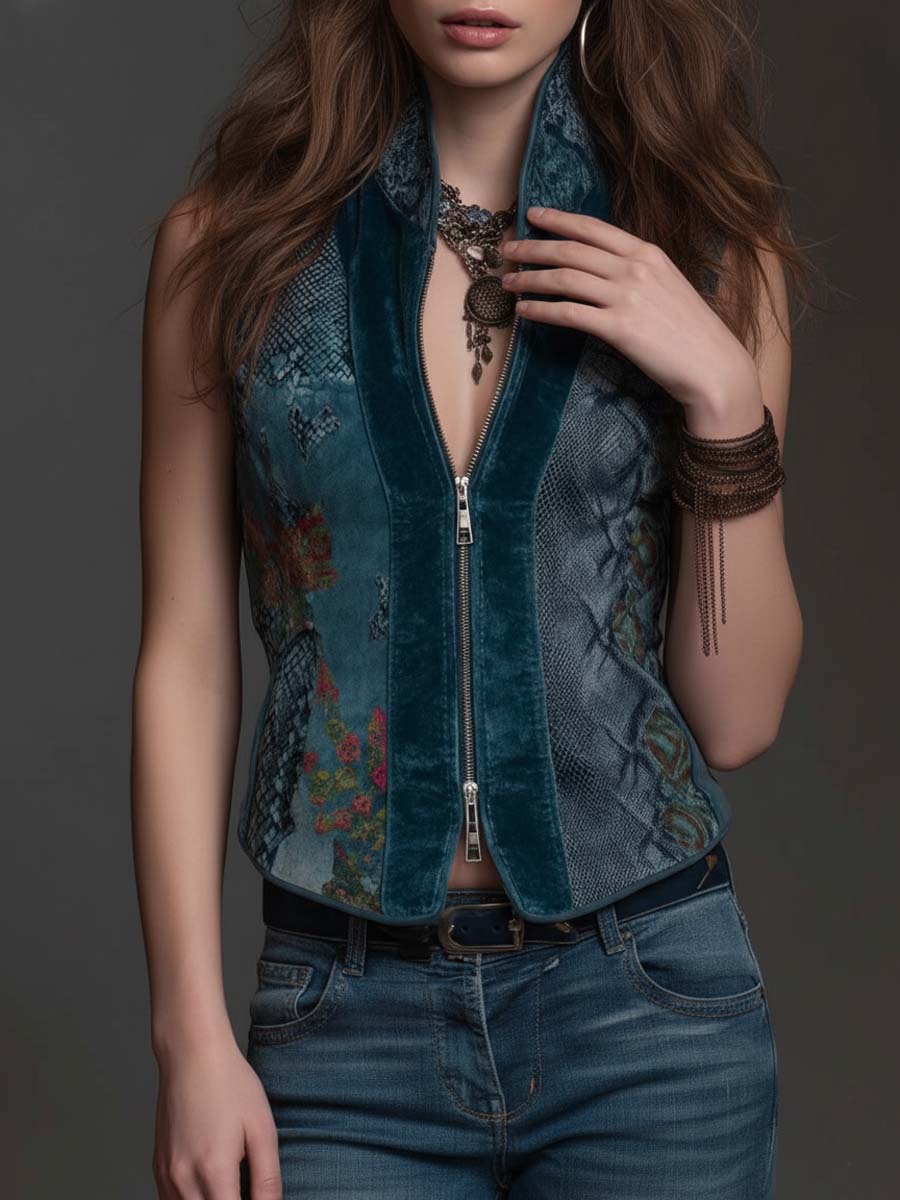 Deep Teal Velvet Zip-Front Vest Top - Image 2