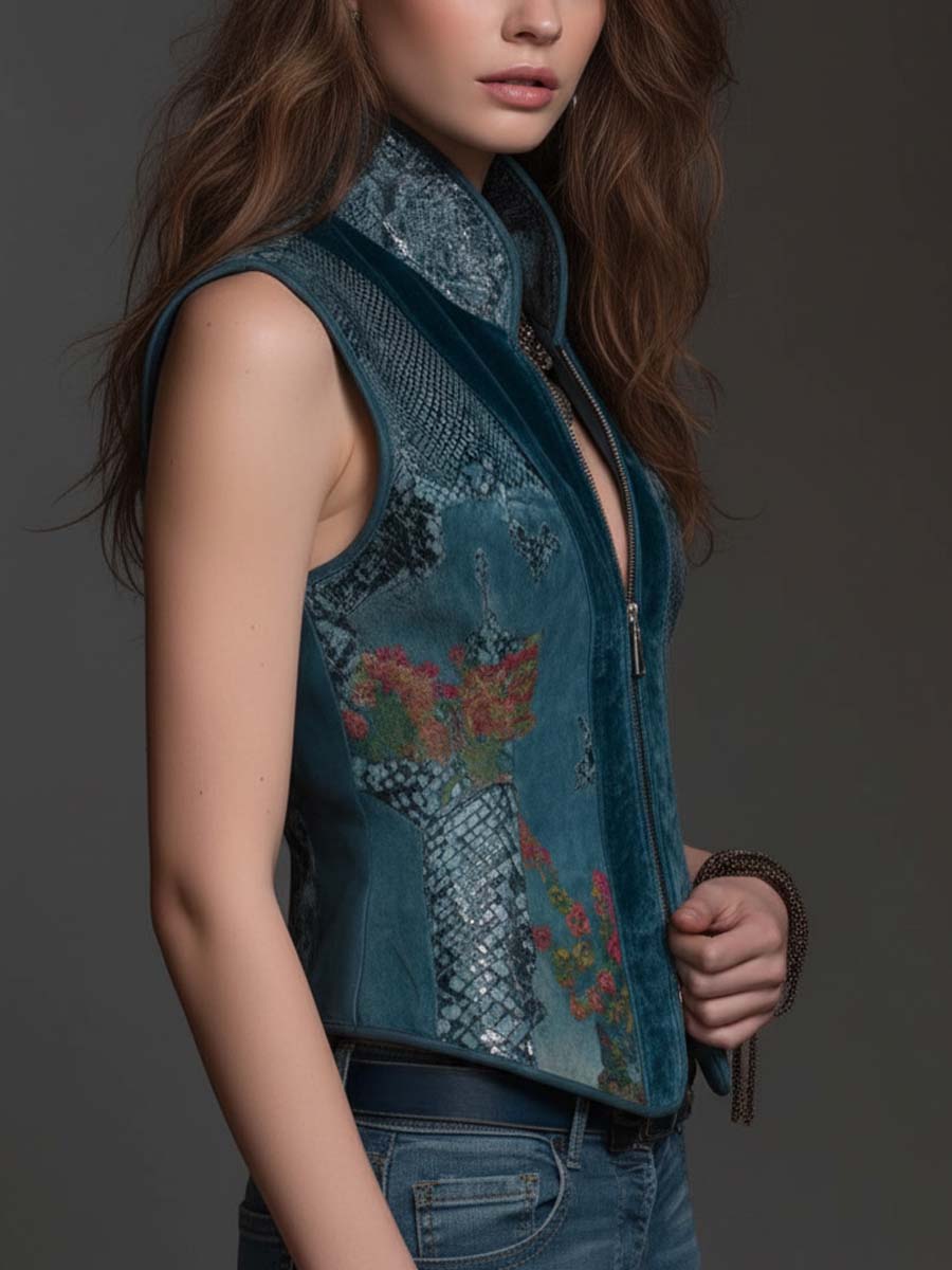 Deep Teal Velvet Zip-Front Vest Top - Image 3
