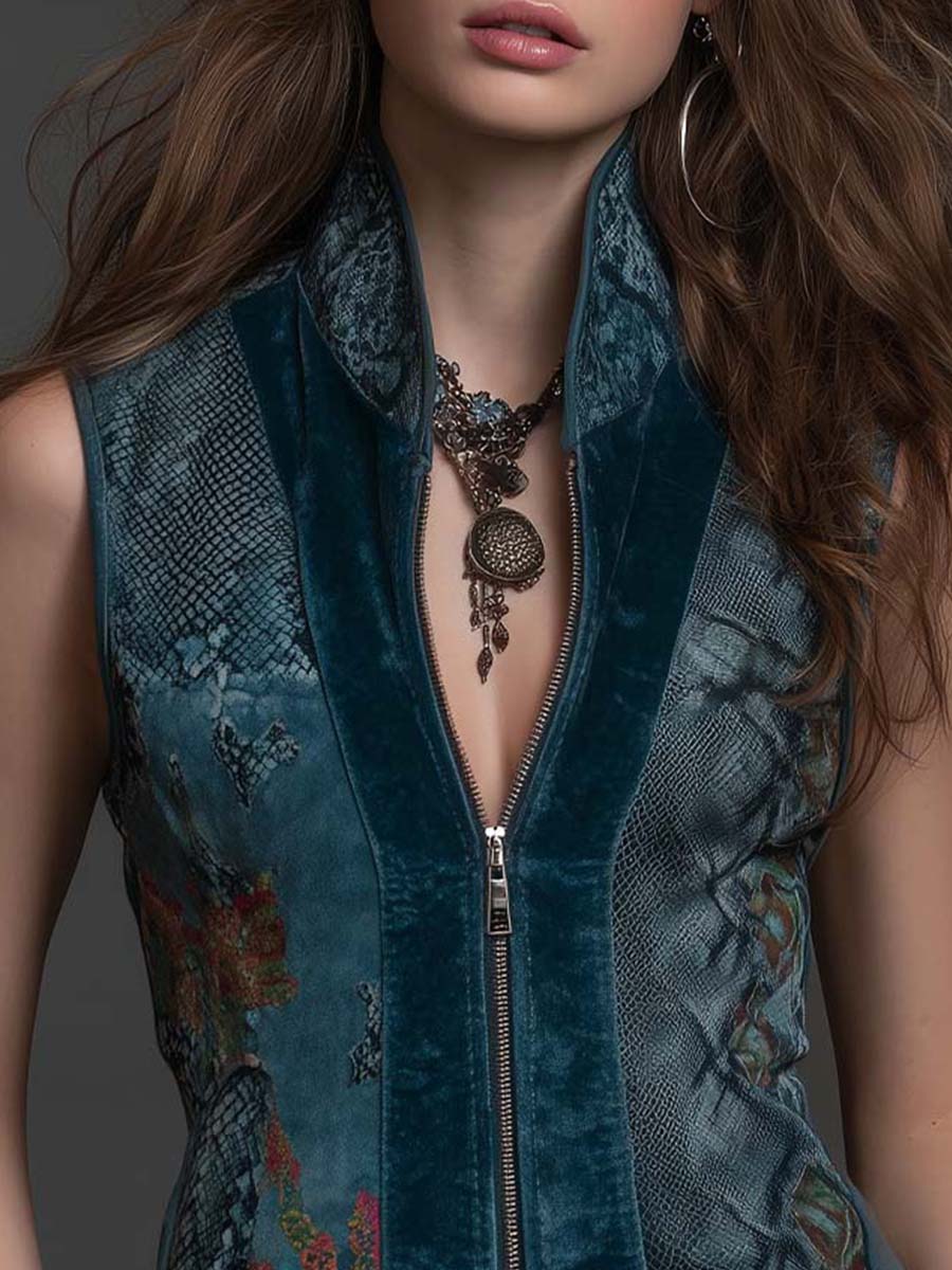 Deep Teal Velvet Zip-Front Vest Top - Image 5