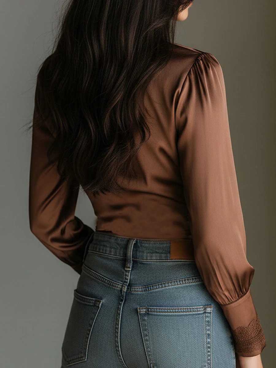 Deep V Lace Trim Bronze Satin Wrap Blouse With Ruched Waist - Image 5
