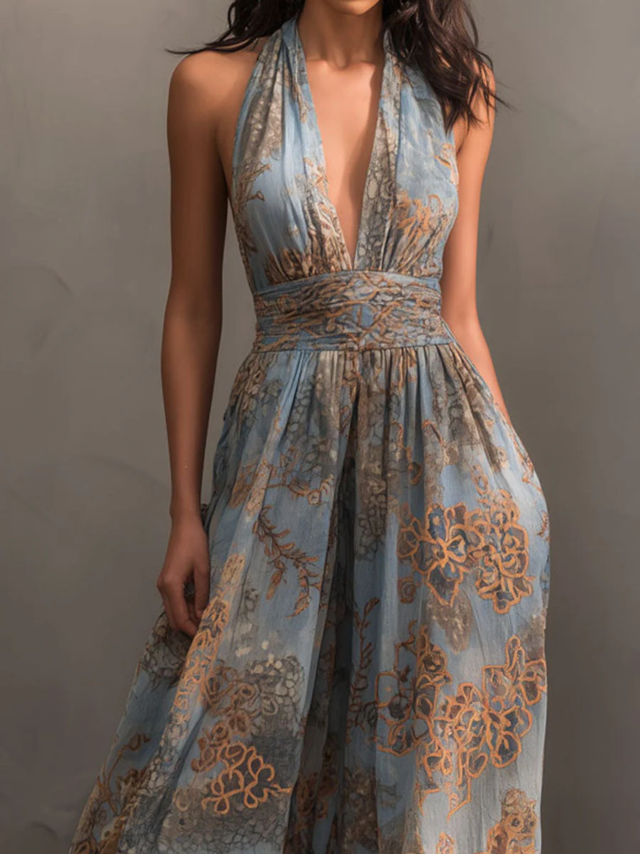Deep V-Neck Dusty Blue And Bronze Halter Chiffon Maxi Dress - Image 2