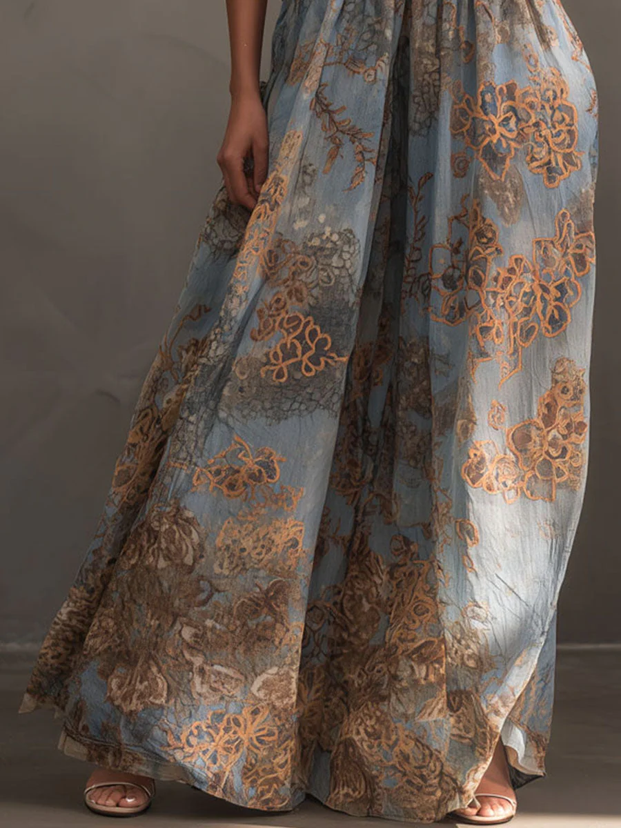 Deep V-Neck Dusty Blue And Bronze Halter Chiffon Maxi Dress - Image 3