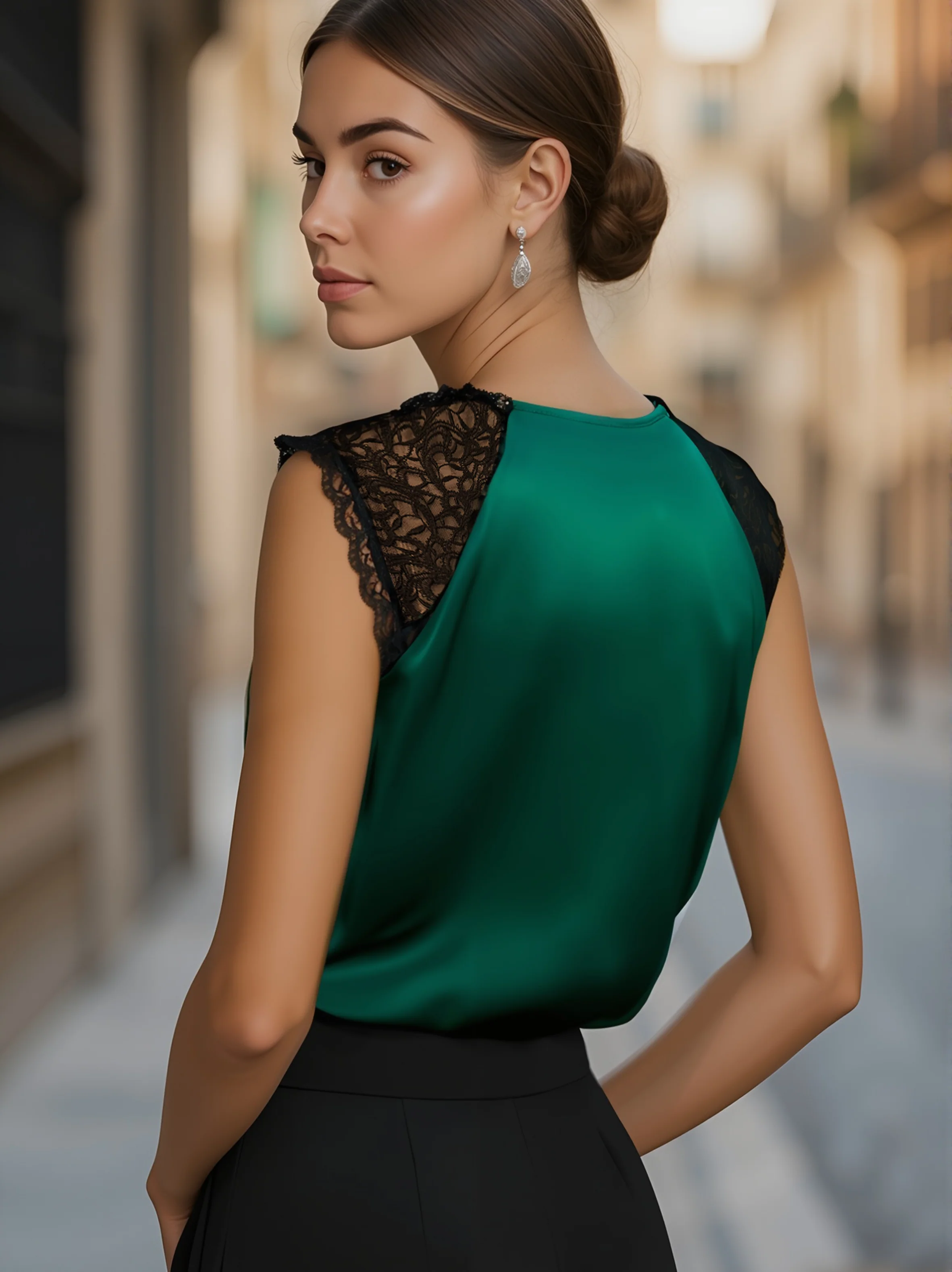 Deep V-Neck Satin Blouse with Lace Details - Emerald Allure - Image 2